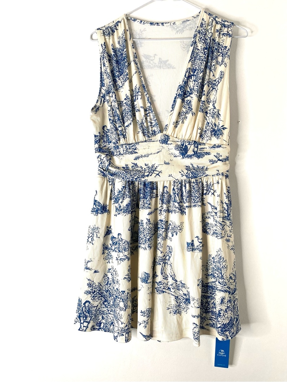 Cupshe Cottagecore Print Sleeveless Romper Dress Ivory Blue Vintage Print NWT
